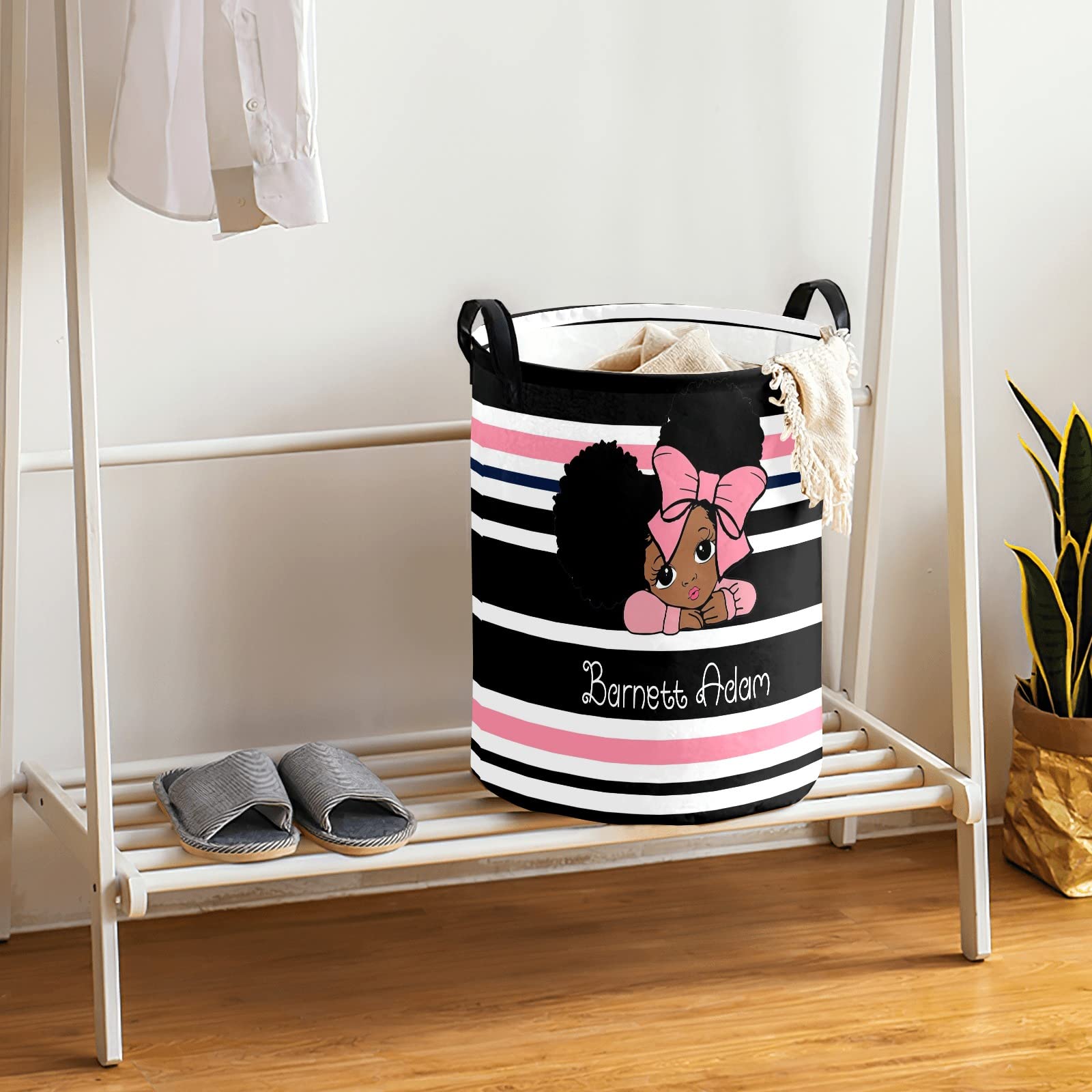 Personalized Laundry Baskets Bin, Little Afro Girl Pink Laundry Hamper with Handles, Collapsible Clothes Hamper, Laundry Bin, Clothes Toys Storage Basket for Bedroom, Bathroom 50L