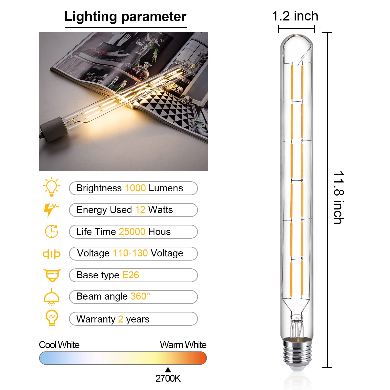 TIANSHQ LED Tube Bulbs,T10 Tubular Edison Style LED Filament Bulb, 12W Dimmable Antique LED Bulb,E26 Base,Clear Glass,Warm White,2700K,1000LM(75-100W Equivalent),11.8in,6Pack