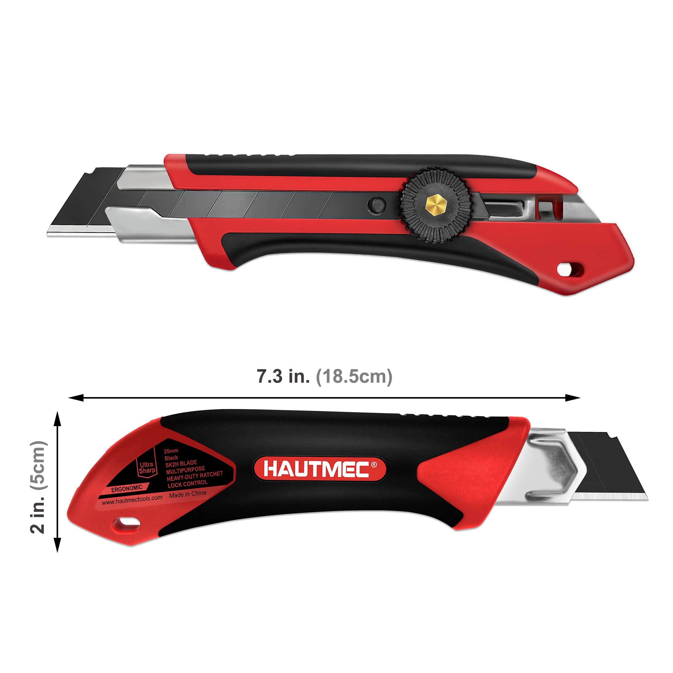 HAUTMEC 25mm Extra Heavy-Duty Utility Knife, Multi-Purpose Snap-off Box Cutter, Ratchet-lock Mechanism, Reinforced Fiberglass Handle HT0250-KN