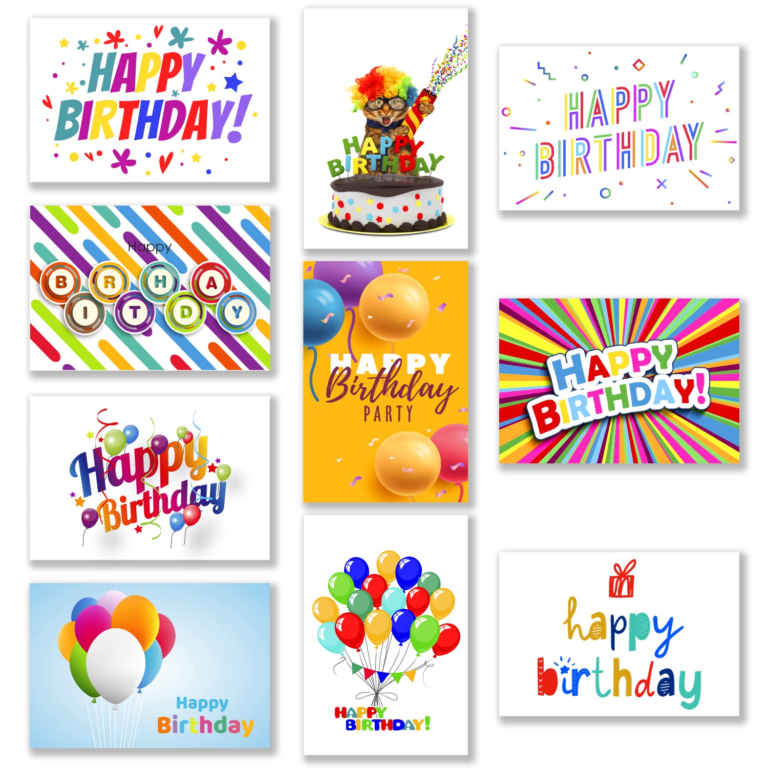 Birthday Cards Bulk, 50 Large 4x6 Inch Assorted Greeting Notes with Envelopes and Stickers, 10 Unique Designs, Thick Card Stock Box Set, Blank Inside