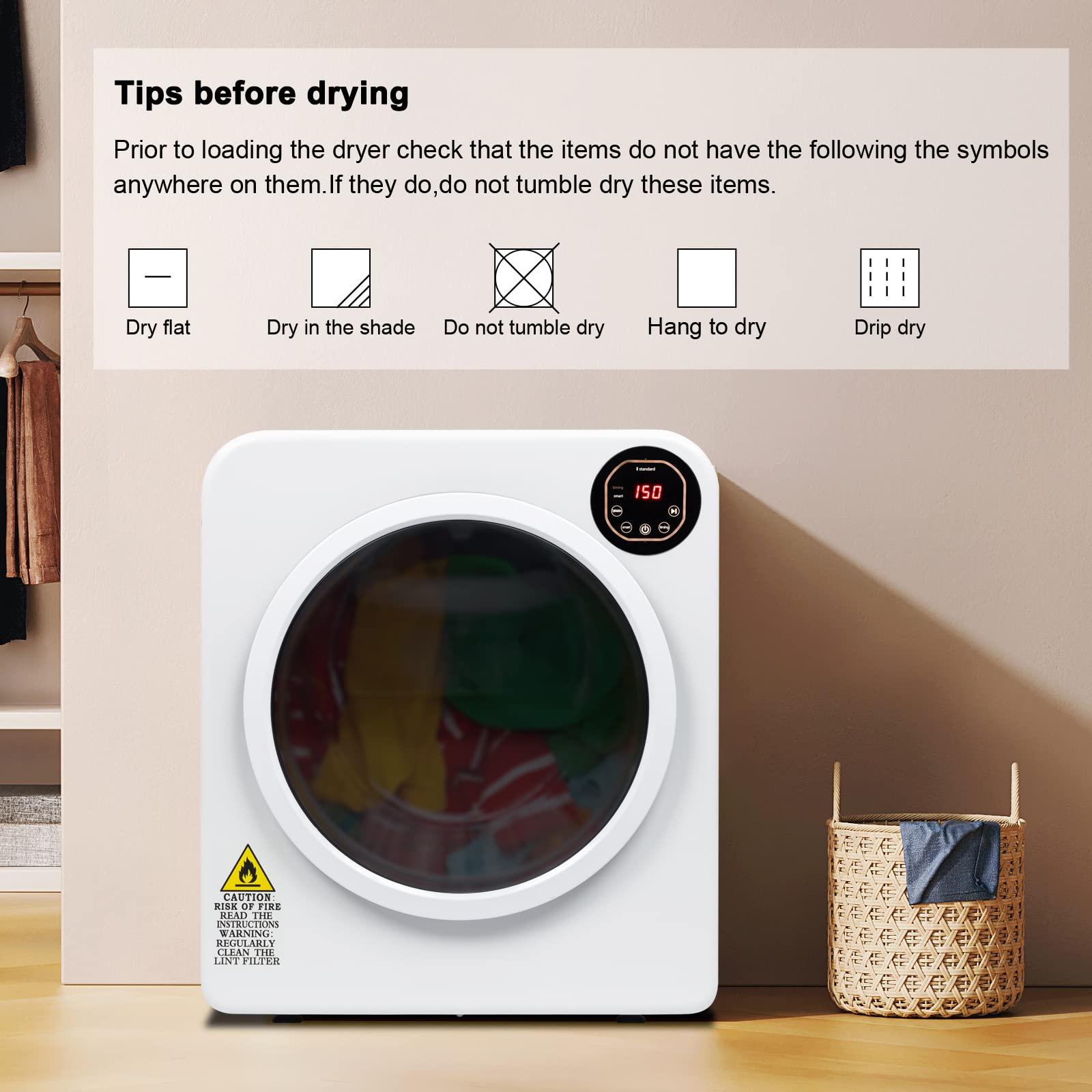 Compact Laundry Dryer, 120V Electric Portable Clothes Dryer with Tumble 13lbs Stainless Steel Tub, LED Display Control Panel Downside Easy Control for 4 Automatic Drying Mode