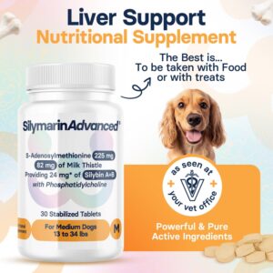 SilymarinAdvanced Liver Health Supplement for Medium Dogs, S-Adenosylmethionine (Same) and Silybin, Liver Tablets, Cognitive Support, 30 Tablets