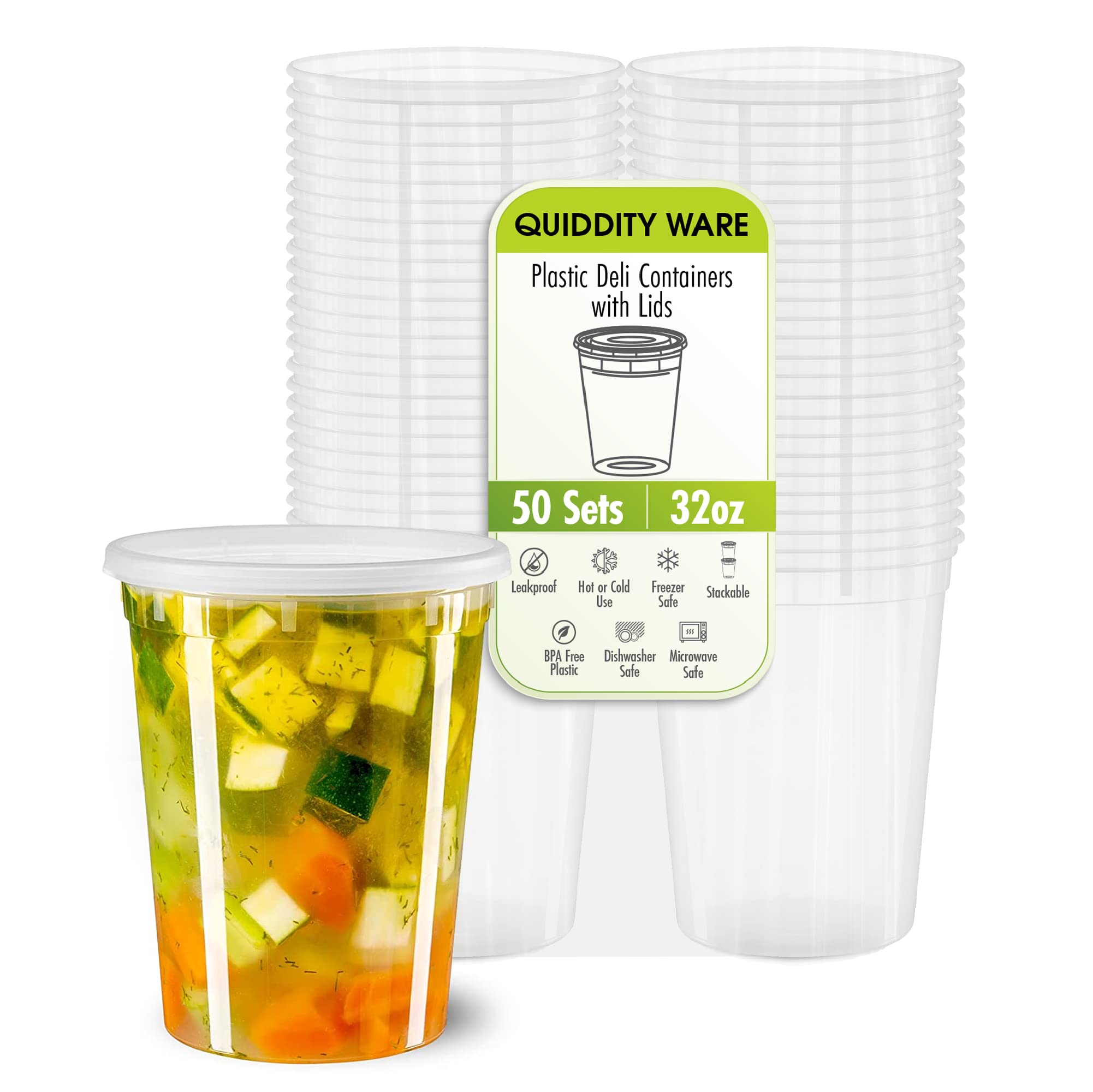 QUIDDITY WARE 32oz-Deli Containers with Leakproof Lids-50 Pack BPA-Free Plastic Microwaveable Clear Food Storage Container Premium Heavy-Duty Quality, Freezer & Dishwasher Safe