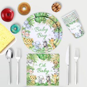 Jungle Safari Baby Shower Decorations Tableware Set Serves 24, Green Animals Paper Plates, Napkins, Paper Cups for Baby Boy Wild One Birthday Baby Shower Party Supplies