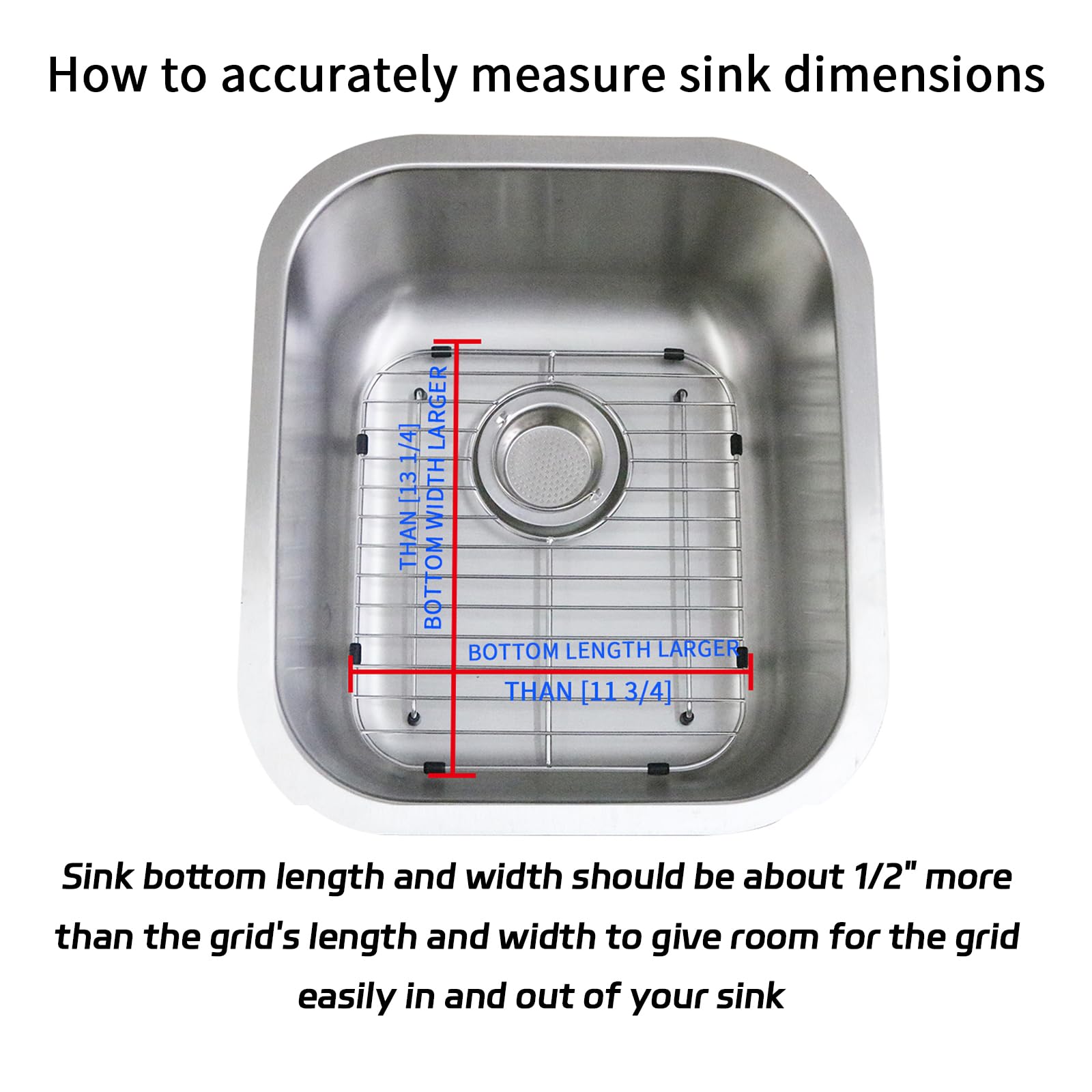 Kitchen Sink Grid, 11-3/4" x 13-1/4" Sink Protectors for Kitchen Sink with Rear Drain, Sink Rack for Bottom of Sink, 304 Stainless Steel Sink Rack with Strainer