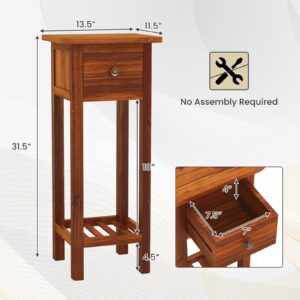 Giantex Tall End Table, Narrow Side Table with Drawer and Shelf, Acacia Wood Nightstand for Living Room, 2-Tier Bedside Table for Small Space, No Assembly, Rustic Brown