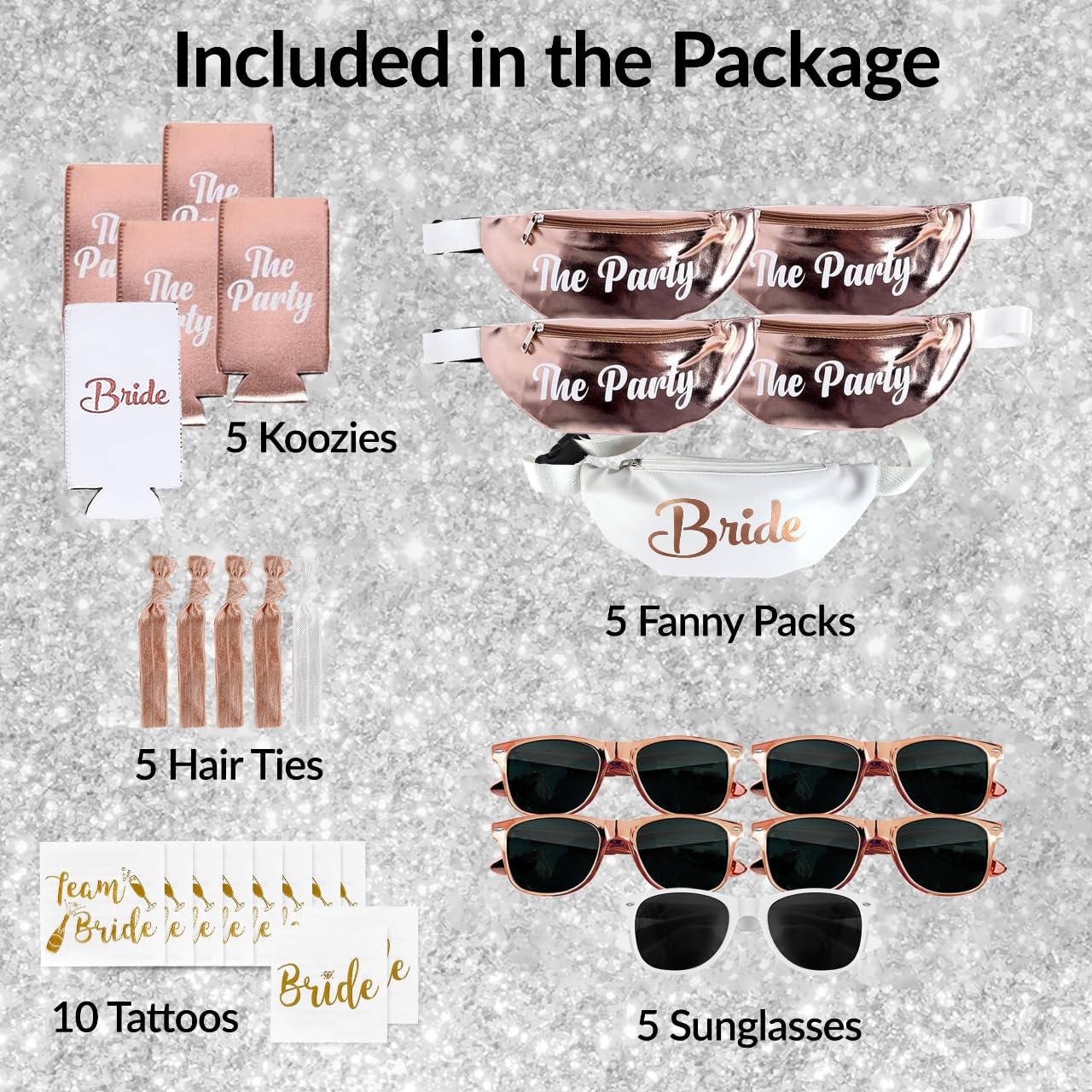 30 pc Rose Gold Bachelorette Party Favors, Accessories - Bachelorette Fanny Packs and Bride Fanny Pack - Bachelorette Party Kit with Sunglasses, Koozies, & Bridal Accessories (Rose Gold)