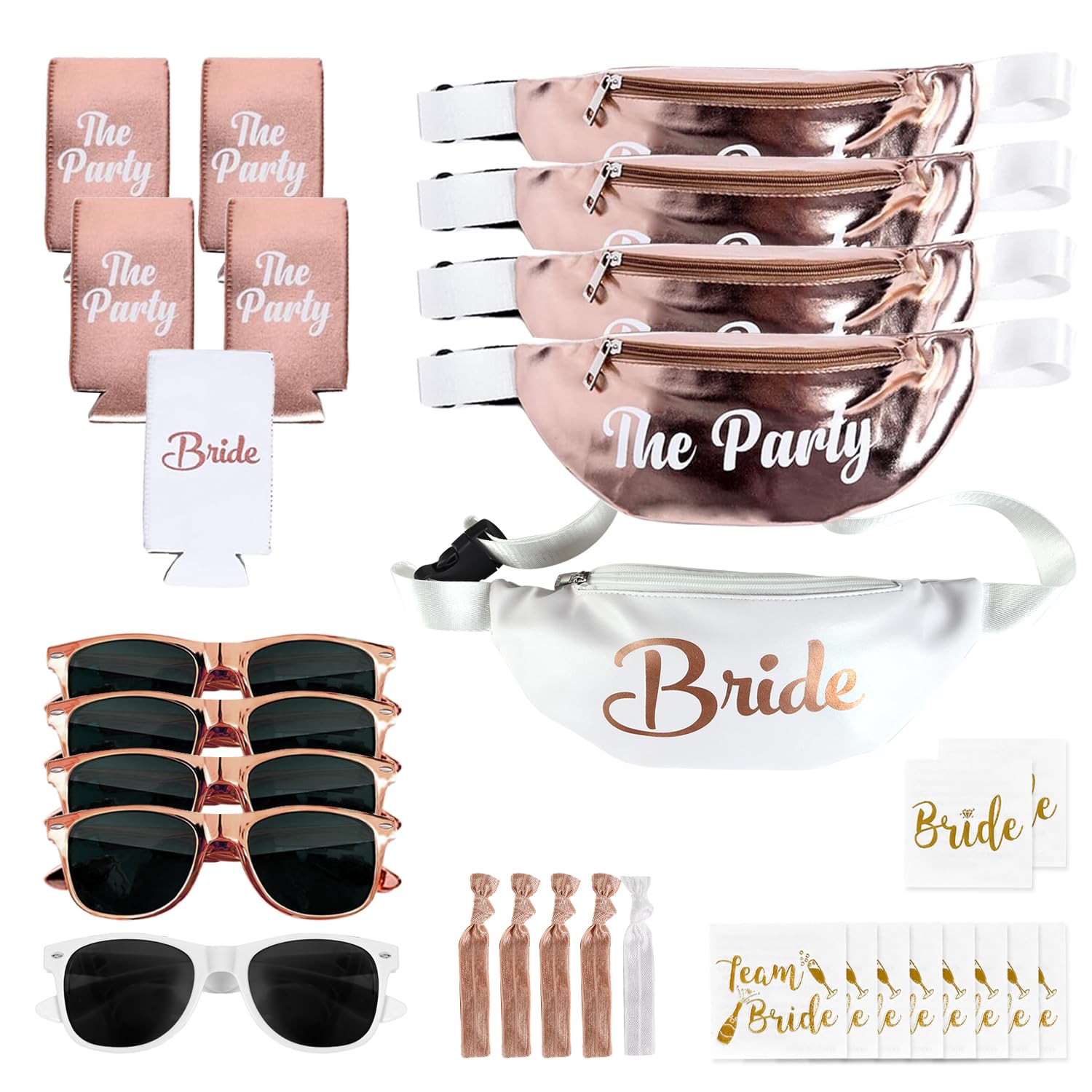 30 pc Rose Gold Bachelorette Party Favors, Accessories - Bachelorette Fanny Packs and Bride Fanny Pack - Bachelorette Party Kit with Sunglasses, Koozies, & Bridal Accessories (Rose Gold)