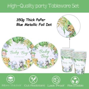 Jungle Safari Baby Shower Decorations Tableware Set Serves 24, Green Animals Paper Plates, Napkins, Paper Cups for Baby Boy Wild One Birthday Baby Shower Party Supplies