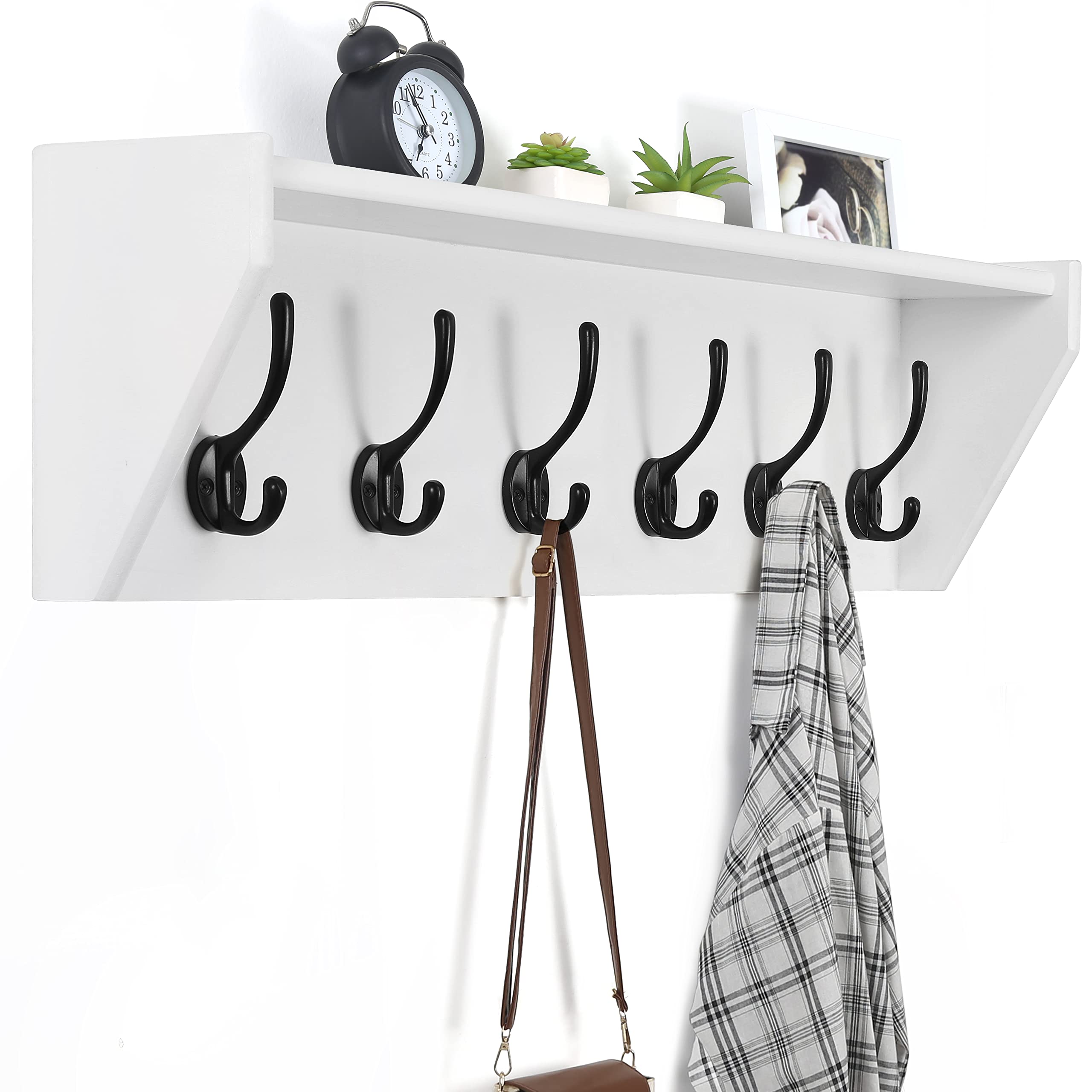 Dseap Wall Shelf with 5 Hooks - 24" Long Heavy Duty Coat Rack Wall Mount with Shelf, Entryway Shelf with 5 Dual Hooks Underneath - Solid Pine Wood - for Entryway, Mudroom, Kitchen, Bathroom, White