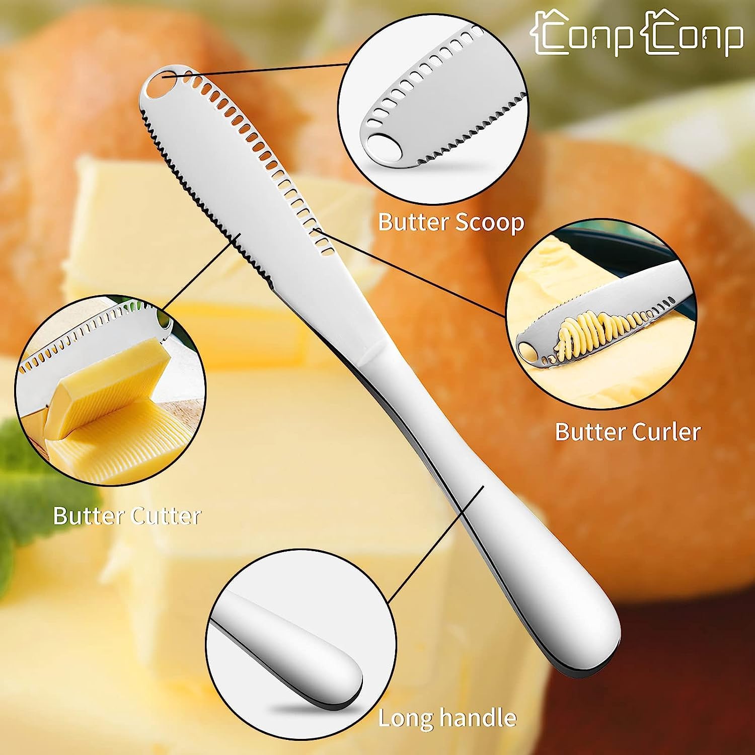 CONPCONP Butter Spreader, Stainless Steel Butter Spreader, 3 in 1 Kitchen Knife Gadgets Curler Slicer Spreader with Serrated Edge for Cutting and Spreading Butter Cheese Jam