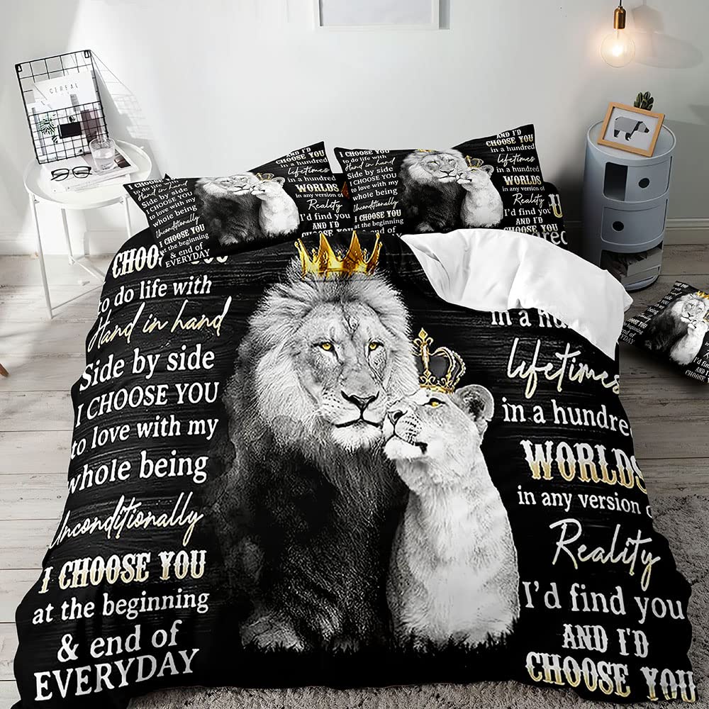 VIVIHOME 3PCS Lion Bedding Set, King Duvet Cover, African Safari Animal Black Bedding, Comforter Cover, Quilt Cover, Bedroom Decor for Couples, Romantic Lion Couple Gifts, I Choose You, 2 Pillowcases