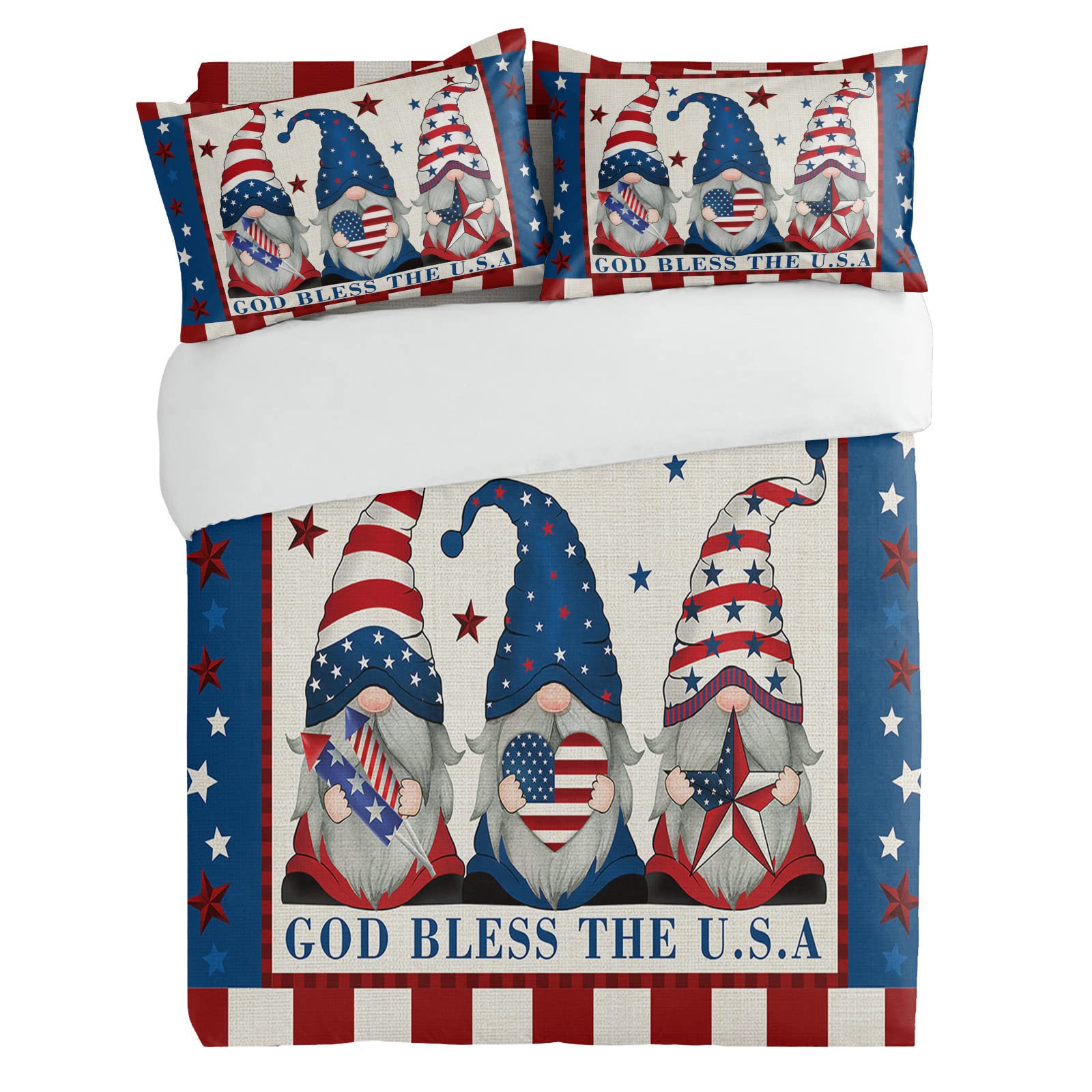 3 Pieces Duvet Cover Bedding Set Cal King 4th of July Patriotic Gnome USA Flag Breathable Soft Comforter Cover with Zipper and Pillowcases Luxury Quilt Covers for Bedroom Independence Day Retro Linen