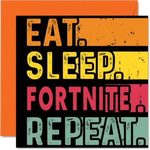 birthday card funny for her or him - eat, sleep, fn, repeat - happy birthday cards for gaming video game lovers gifts, 5.7 x 5.7 inch birthday greeting cards for all occasions kids or adult