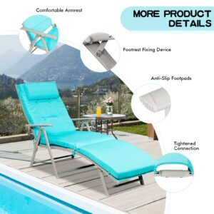 Giantex Chaise Lounge Chair for Outside, Pool Folding Reclining Beach Chair W/Removable Cushion&Headrest Pillow, Outdoor Lounge Chaise w/ 7 Backrest Positions, Portable Patio Lounger (1, Turquoise)