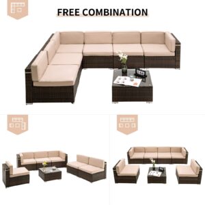 UDPATIO Outdoor Patio Furniture Sets 7 Pieces Outdoor Sectional Furniture, PE Rattan Sofa Wicker Patio Conversation Set with Cover for Deck Balcony Yard Poolside w/Coffee Table Thicken Cushions, Khaki