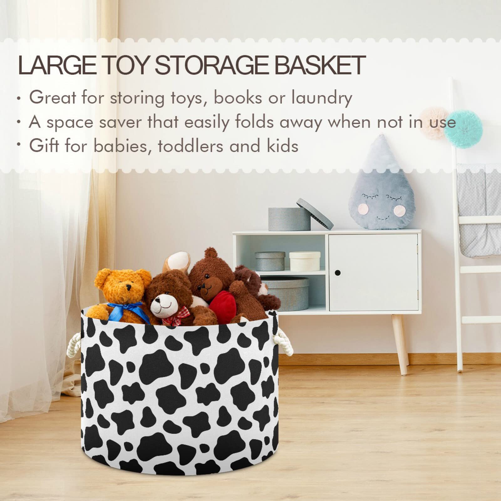 ALAZA Large Round Storage Basket,Black and White Cow PrintToy Basket Nursery Bins & Boxes Laundry Hamper for Bathroom/Bedroom/Home Decor