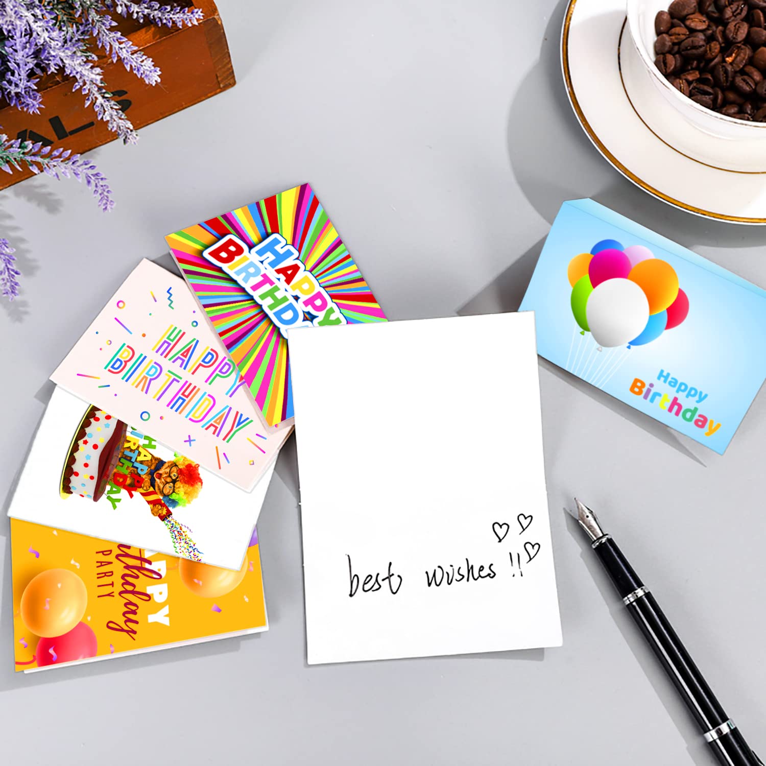 Birthday Cards Bulk, 50 Large 4x6 Inch Assorted Greeting Notes with Envelopes and Stickers, 10 Unique Designs, Thick Card Stock Box Set, Blank Inside