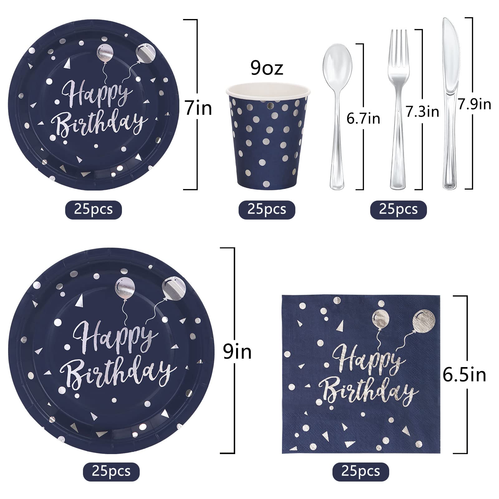 175 PCS Blue Birthday Party Decorations Blue and Silver Birthday Plates and Napkins Party Supplies for Happy Birthday Decor Serves 25 Guests