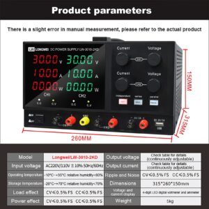 LWLONGWEI DC Power Supply Variable,4 Channels 30V 10A 2 * 300W Adjustable Switching Regulated DC Bench Power Supply with 4-Digits LED Power Display 5V/2A USB/DC Output Black