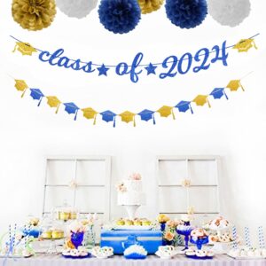 Navy-Blue White-Gold Party-Decorations Graduation Banner - 8pcs Kits Class of 2024 Cap Garland Streamers, Paper Tissue Pom Poms Flowers, Congratulations Grad Decor Lasting Surprise