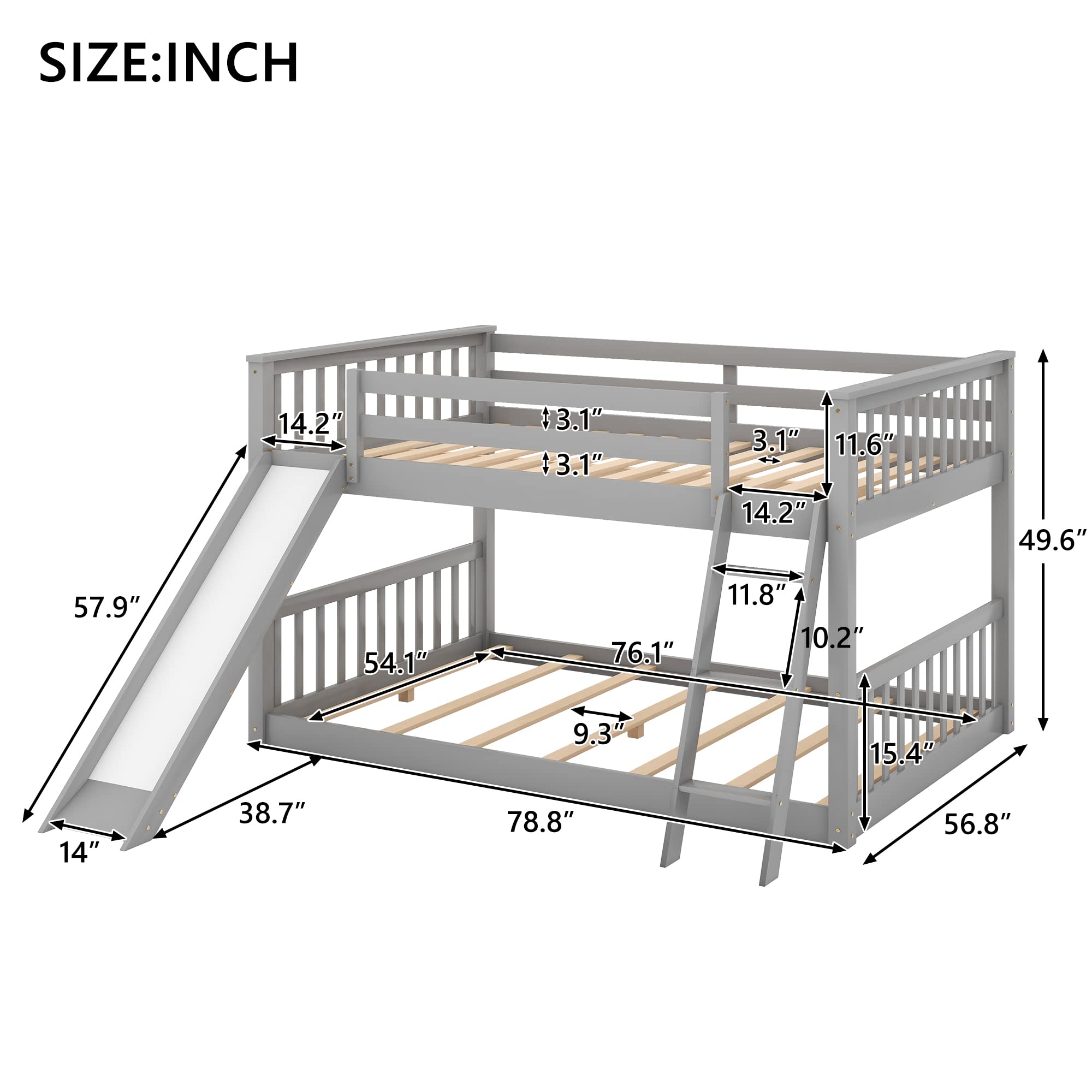 Harper & Bright Designs Full over Full Bunk Bed with Slide and Ladder, Wooden Low Bunk Bed, Kids Floor Bunk Bed Frame - Gray