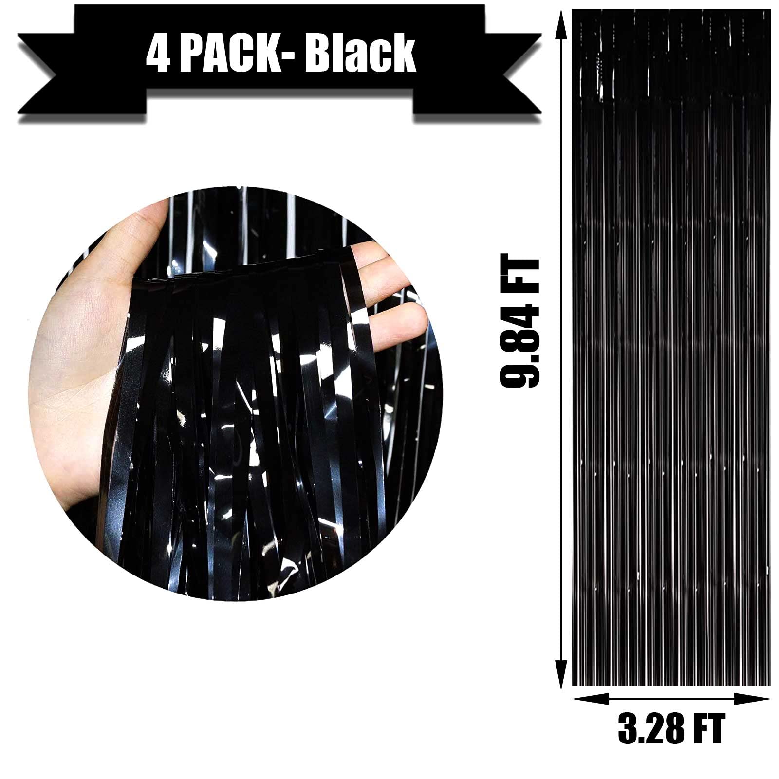 HalloweenDecorate 4 Pack Black Foil Fringe Curtain Backdrop, 3.28Ftx9.84Ft Metallic Tinsel Foil Fringe Streamers Curtains for Party, Photo Booth Props, Birthday, 2022 Graduation Decoration Supplies