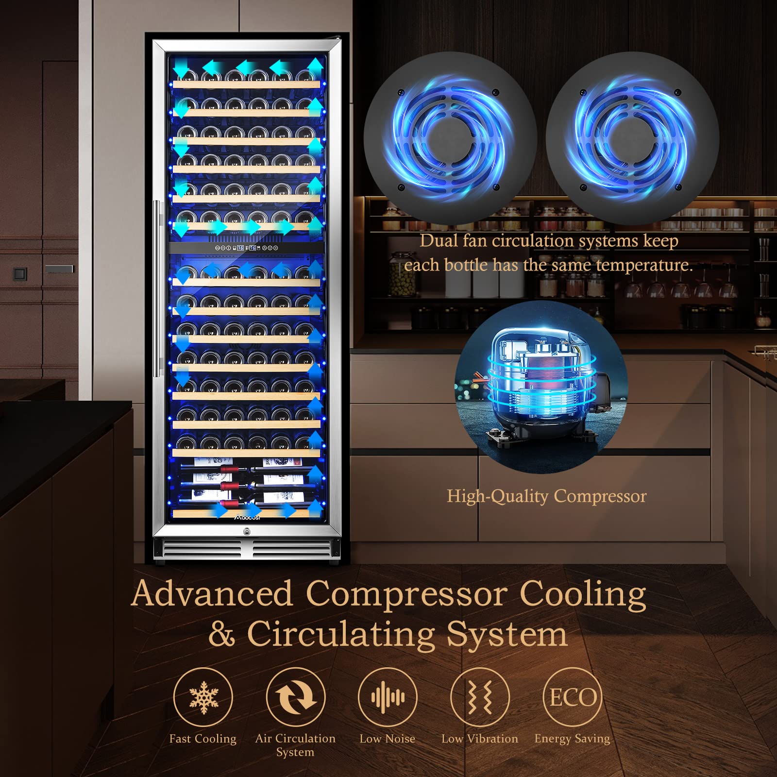 AAOBOSI 24 Inch Wine Cooler Dual Zone, 154 Bottles Wine Refrigerator Built in or Freestanding Wine Fridge 40°F-65°F with Intelligent Temperature Control-Memory Function-Powerful Compressor-Quiet