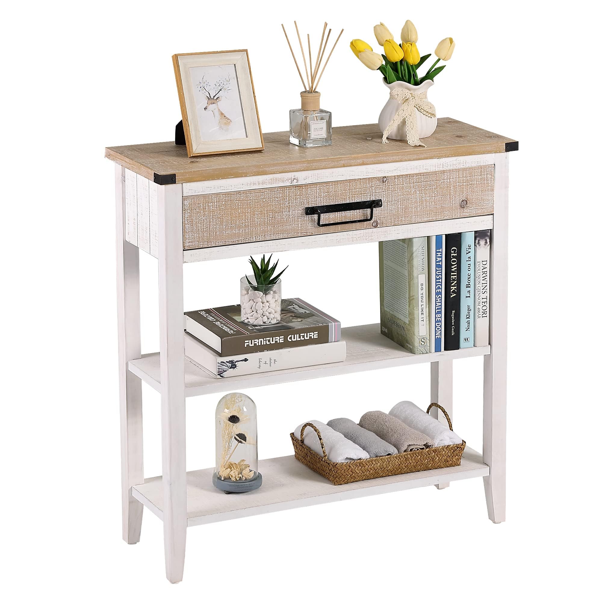 RUSTOWN Farmhouse Console Table with Drawer, 3-Tier Rustic Entryway Table with Open Storage Shelves and Handmade Metal Handle, Narrow Foyer Sofa Table for Living Room, Entryway, Hallway (Washed White)