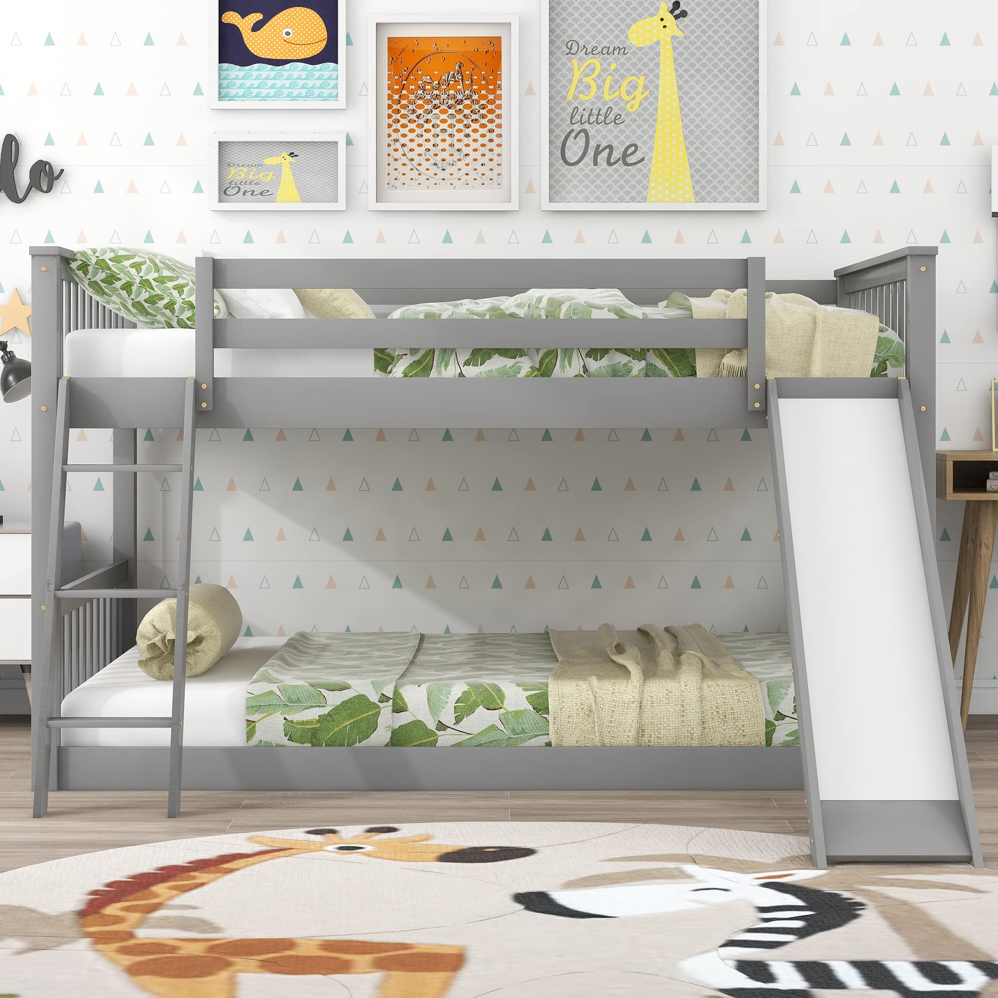 Harper & Bright Designs Full over Full Bunk Bed with Slide and Ladder, Wooden Low Bunk Bed, Kids Floor Bunk Bed Frame - Gray