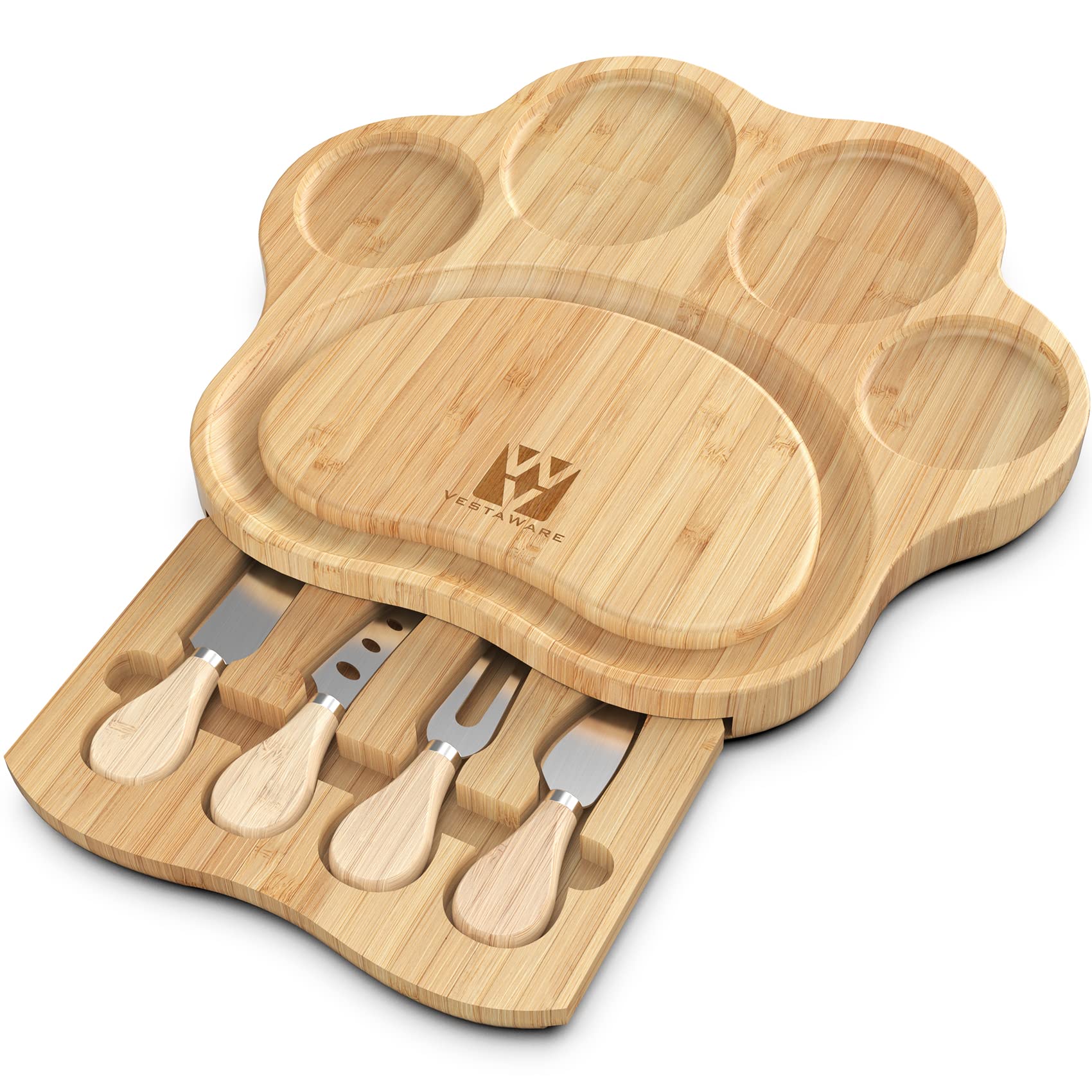 Vestaware Charcuterie Boards, Paw Shaped Cheese Fruit Board Gift Set Natural Bamboo Cheese Knife Serving Board Set, Unique House Warming Gifts New Home