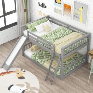 Harper & Bright Designs Full over Full Bunk Bed with Slide and Ladder, Wooden Low Bunk Bed, Kids Floor Bunk Bed Frame - Gray