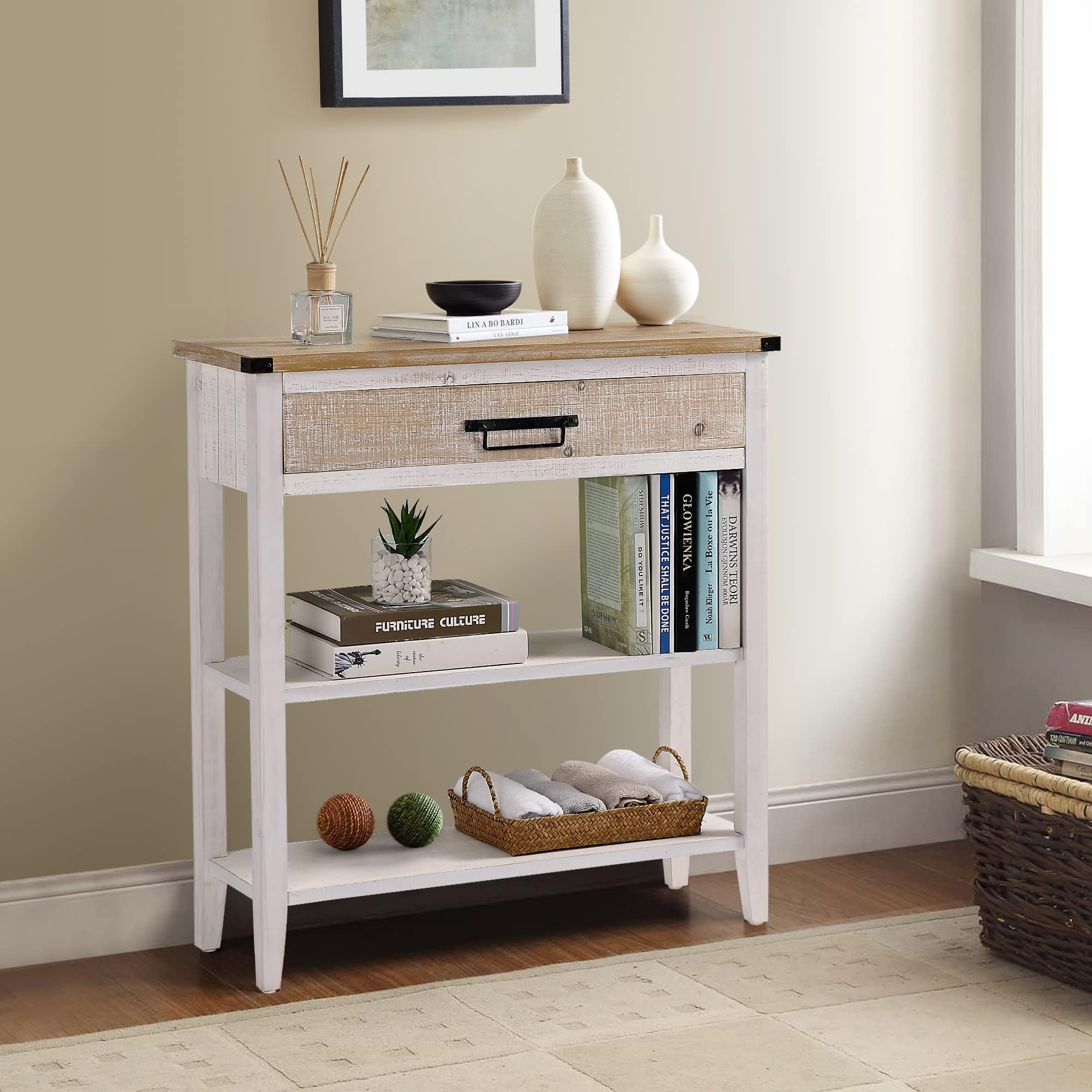 RUSTOWN Farmhouse Console Table with Drawer, 3-Tier Rustic Entryway Table with Open Storage Shelves and Handmade Metal Handle, Narrow Foyer Sofa Table for Living Room, Entryway, Hallway (Washed White)