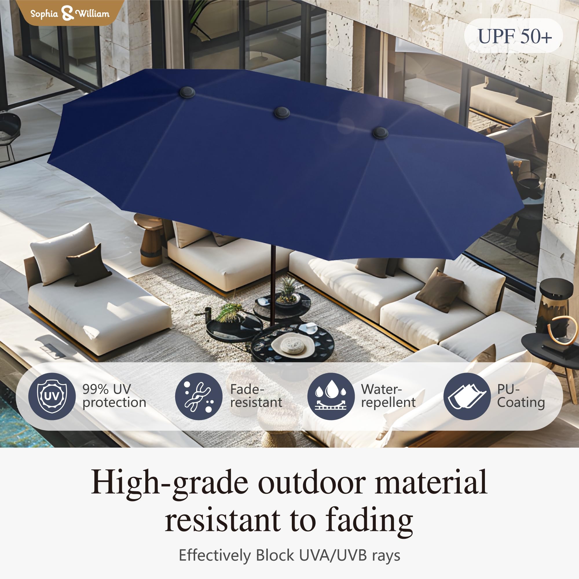 Sophia & William 7 Pieces Foldable Patio Dining Set with 13ft Navy Blue Umbrella, Folding Outdoor Dining Set for 6, Rectangular Metal Patio Table and Sling Chairs Set, Grey