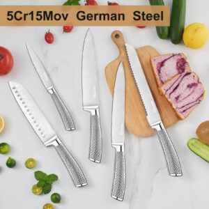 14 Pcs German Stainless Steel Kitchen Knife Set with In-Drawer Bamboo Knife Block - 7 Chef Knives,6 Serrated Steak Knives, Knife Sharpener, Ultra Sharp Chef Knife Set with Full-Tang Design