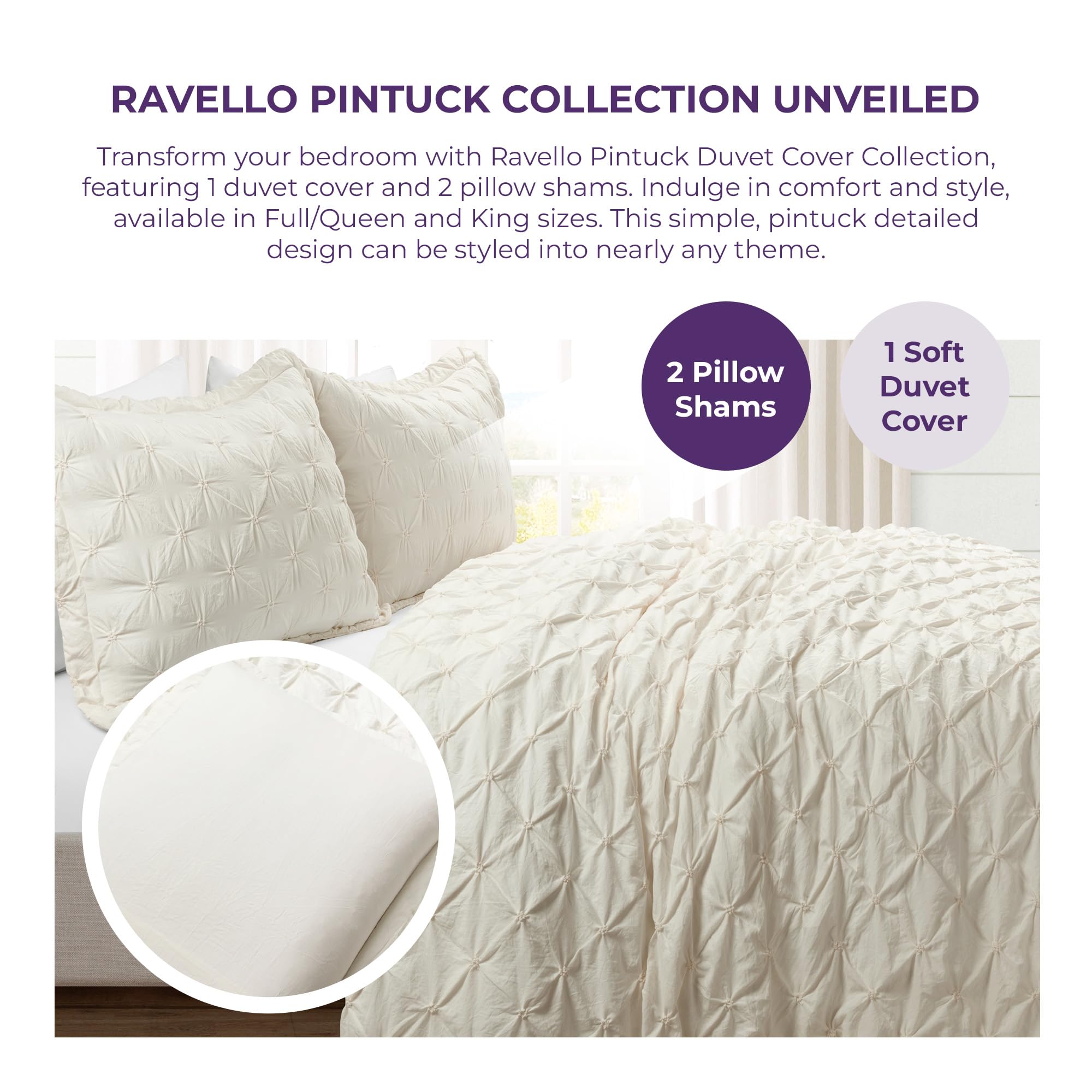 Lush Decor Ravello Pintuck Duvet Cover Set - Luxe 3 Piece Textured Oversized Bedding Set - Traditional Glam & Farmhouse Inspired Bedroom Decor - Full/ Queen, Ivory