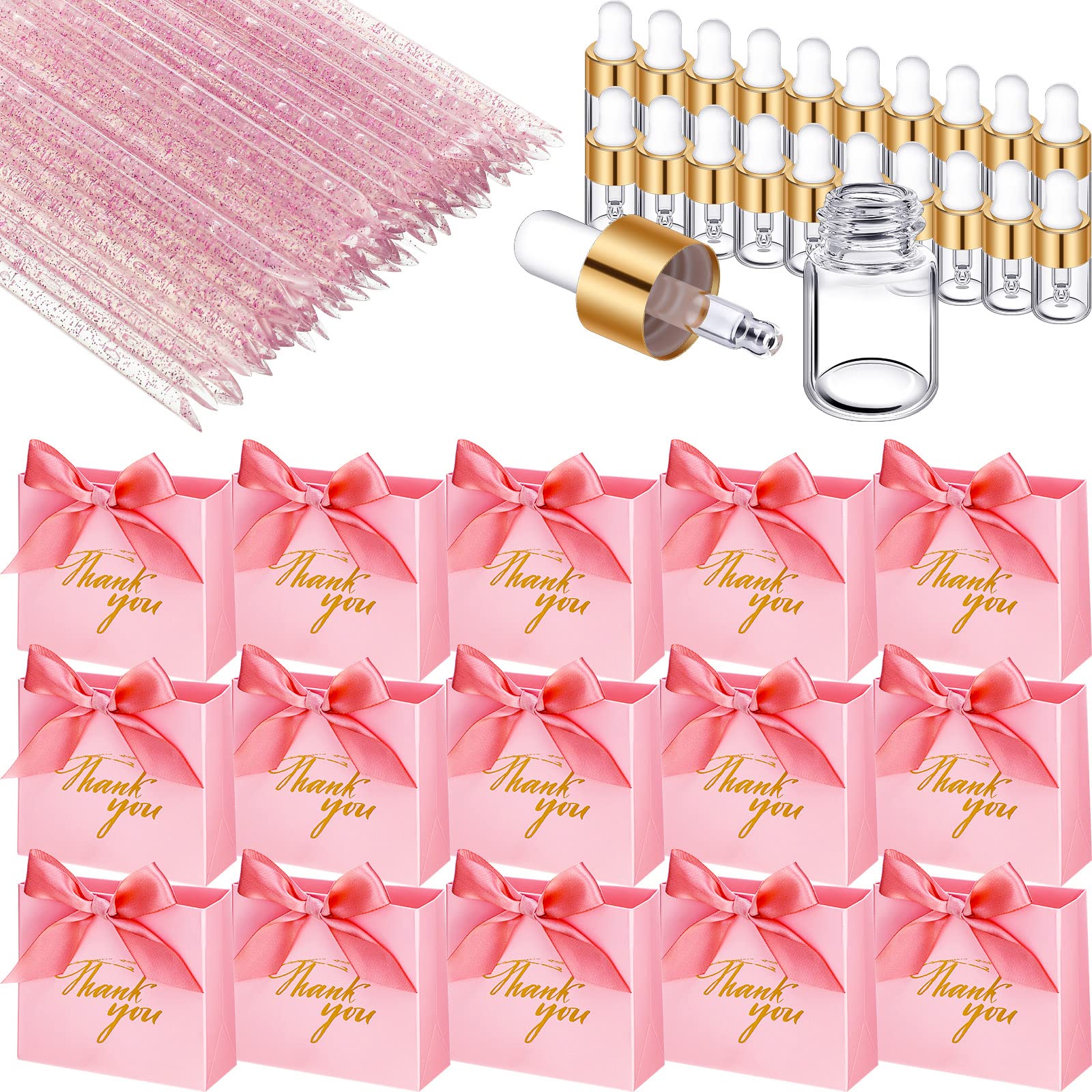 20 Pack Mini Pink Thank You Gift Bags, 20 Pcs Glass Oil Dropper Vail 2 ml 20 Pcs Disposable Nail Stick Cuticle Pusher Pink Goodie Bags for Wedding Baby Shower Party Favors