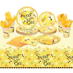 170 pcs bee plates and napkins party supplies sweet as can bee baby shower set include tablecloths, plates, napkins, paper cups, knife, fork, spoon for baby shower birthday party supplies, serves 24