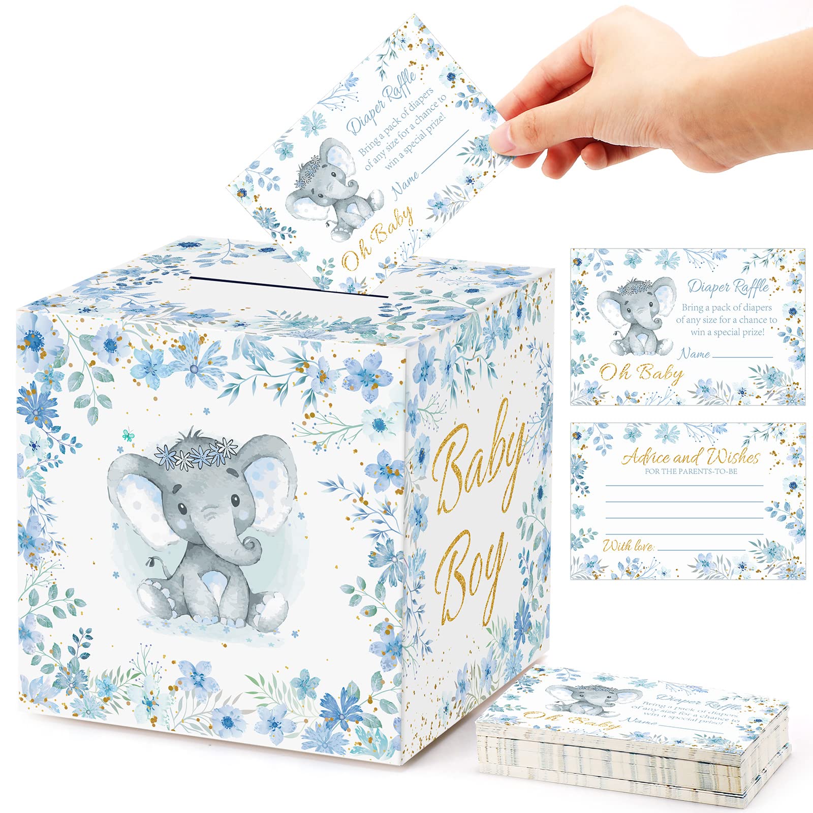 50 Pcs Elephant Diaper Raffle Tickets with Baby Shower Holder Box Baby Party Decorations Diaper Raffle Box Baby Shower Card Elephant Game Insert Card for Baby Boy Party Diaper Raffle Game Baby Shower