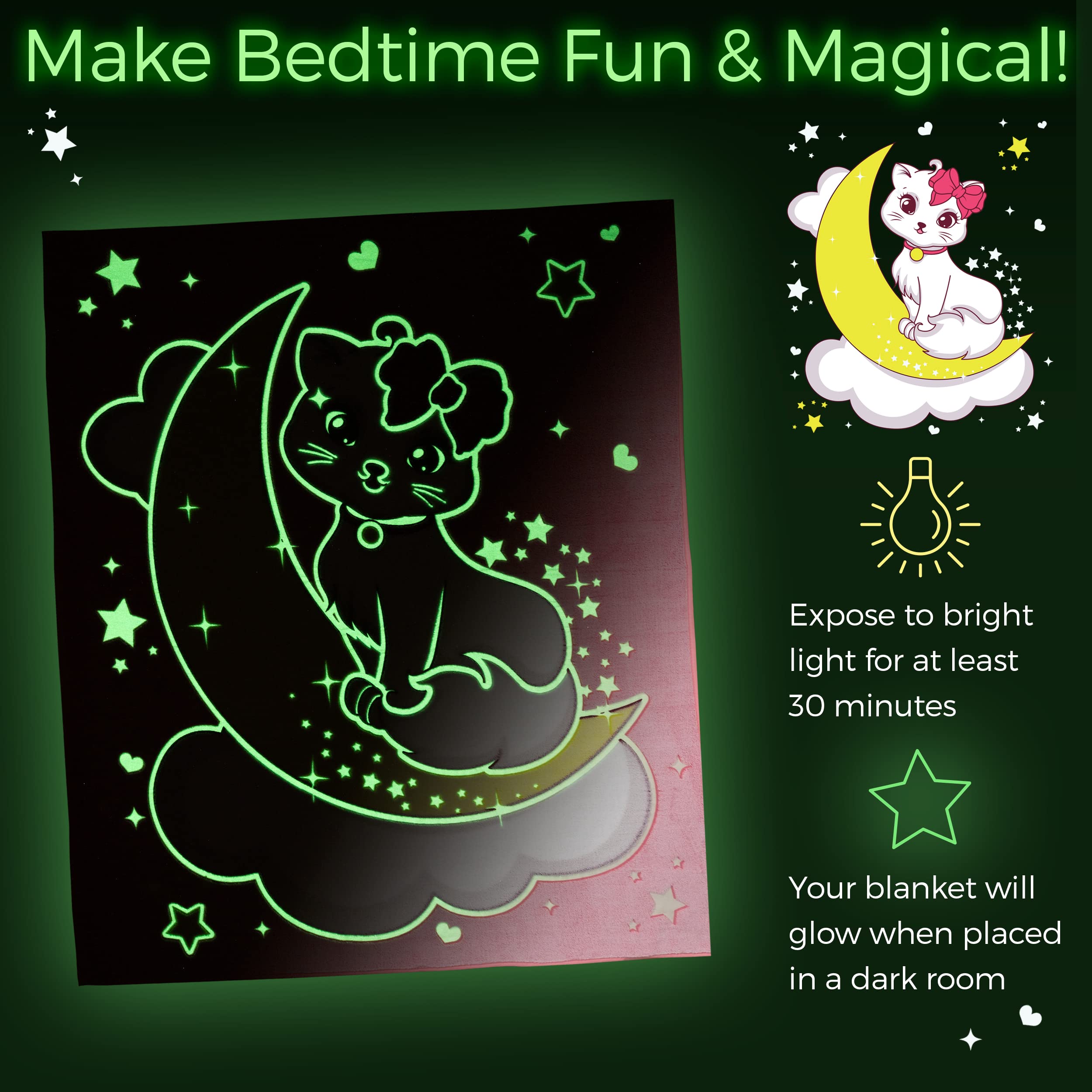 Glow in The Dark Blankets for Girls - Kids Blankets for Girls, Glows 8+ Hrs, Glow in the Dark Throw Blanket for Girls, Fuzzy Pink Blanket, Toddler Fleece Blanket, Teen Blanket for Cat Lovers, 50x60in