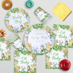 Jungle Safari Baby Shower Decorations Tableware Set Serves 24, Green Animals Paper Plates, Napkins, Paper Cups for Baby Boy Wild One Birthday Baby Shower Party Supplies