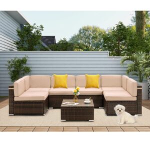 UDPATIO Outdoor Patio Furniture Sets 7 Pieces Outdoor Sectional Furniture, PE Rattan Sofa Wicker Patio Conversation Set with Cover for Deck Balcony Yard Poolside w/Coffee Table Thicken Cushions, Khaki