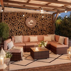 UDPATIO Outdoor Patio Furniture Sets 7 Pieces Outdoor Sectional Furniture, PE Rattan Sofa Wicker Patio Conversation Set with Cover for Deck Balcony Yard Poolside w/Coffee Table Thicken Cushions, Khaki