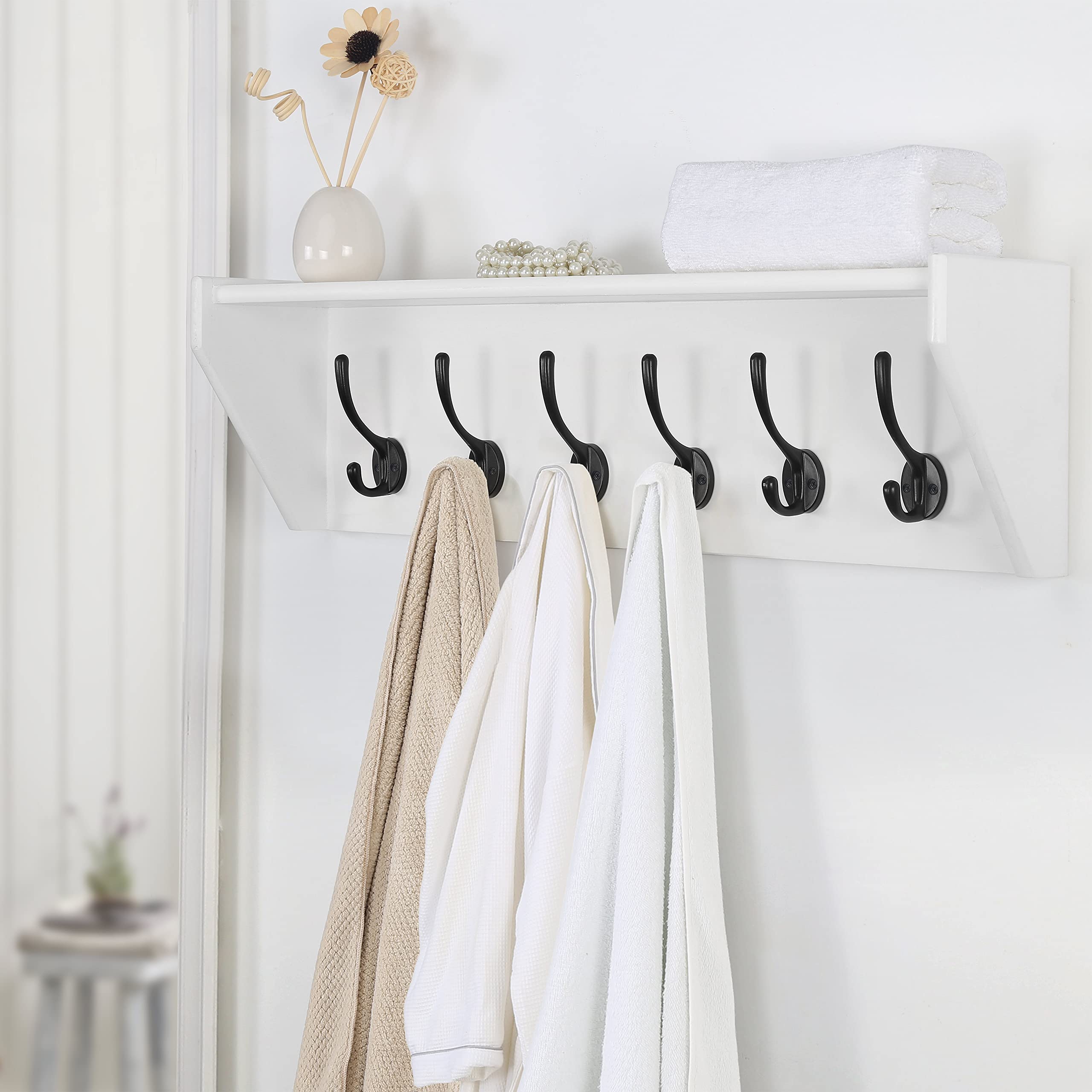 Dseap Wall Shelf with 5 Hooks - 24" Long Heavy Duty Coat Rack Wall Mount with Shelf, Entryway Shelf with 5 Dual Hooks Underneath - Solid Pine Wood - for Entryway, Mudroom, Kitchen, Bathroom, White