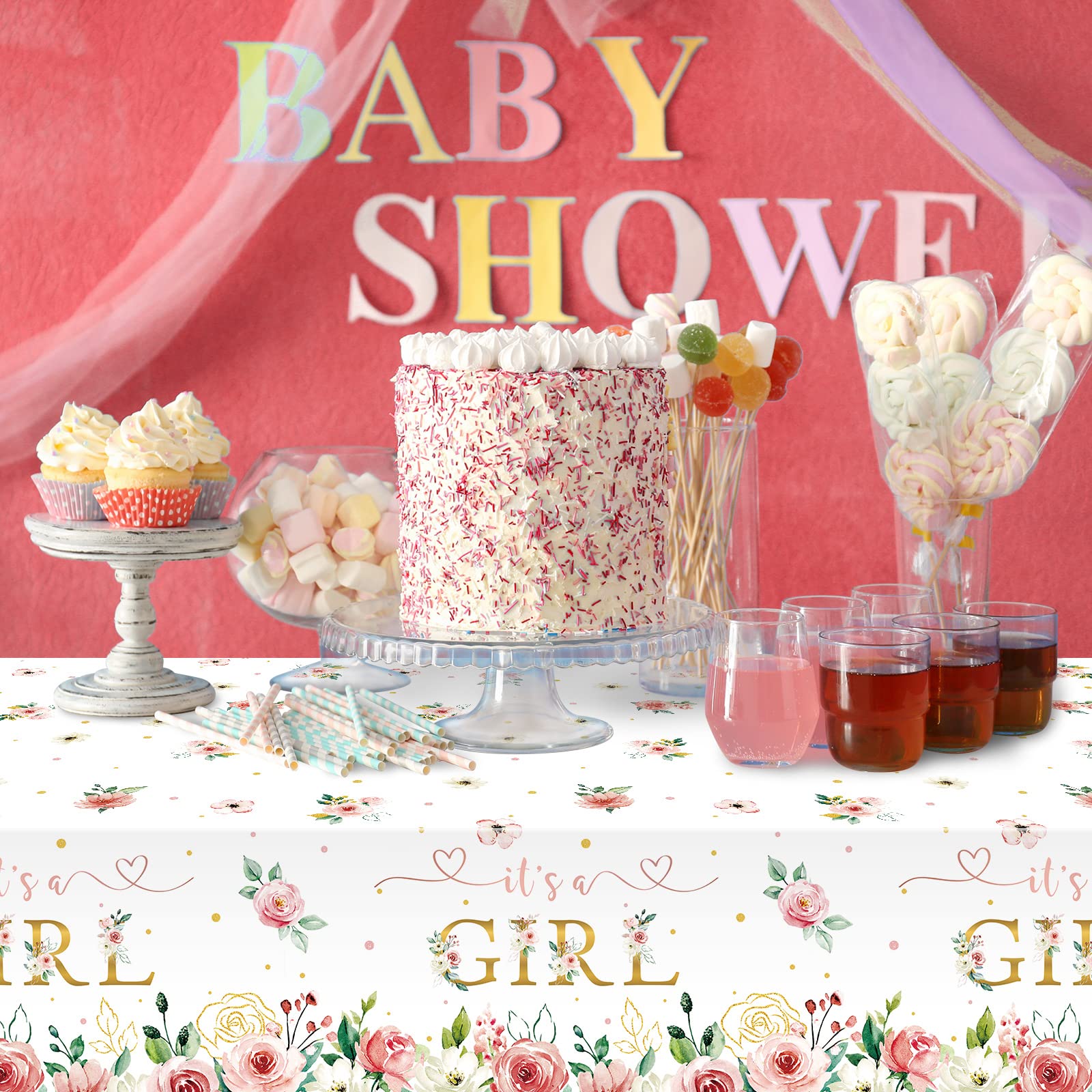 Pajean Floral Baby Shower Supplies It's a Girl Baby Shower Party Tablecloths Girls Flowers Table Cover for Kids Baby Girls Shower Birthday(3 Pack)