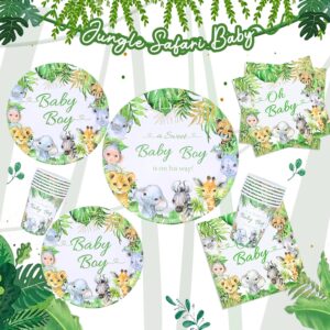 Jungle Safari Baby Shower Decorations Tableware Set Serves 24, Green Animals Paper Plates, Napkins, Paper Cups for Baby Boy Wild One Birthday Baby Shower Party Supplies