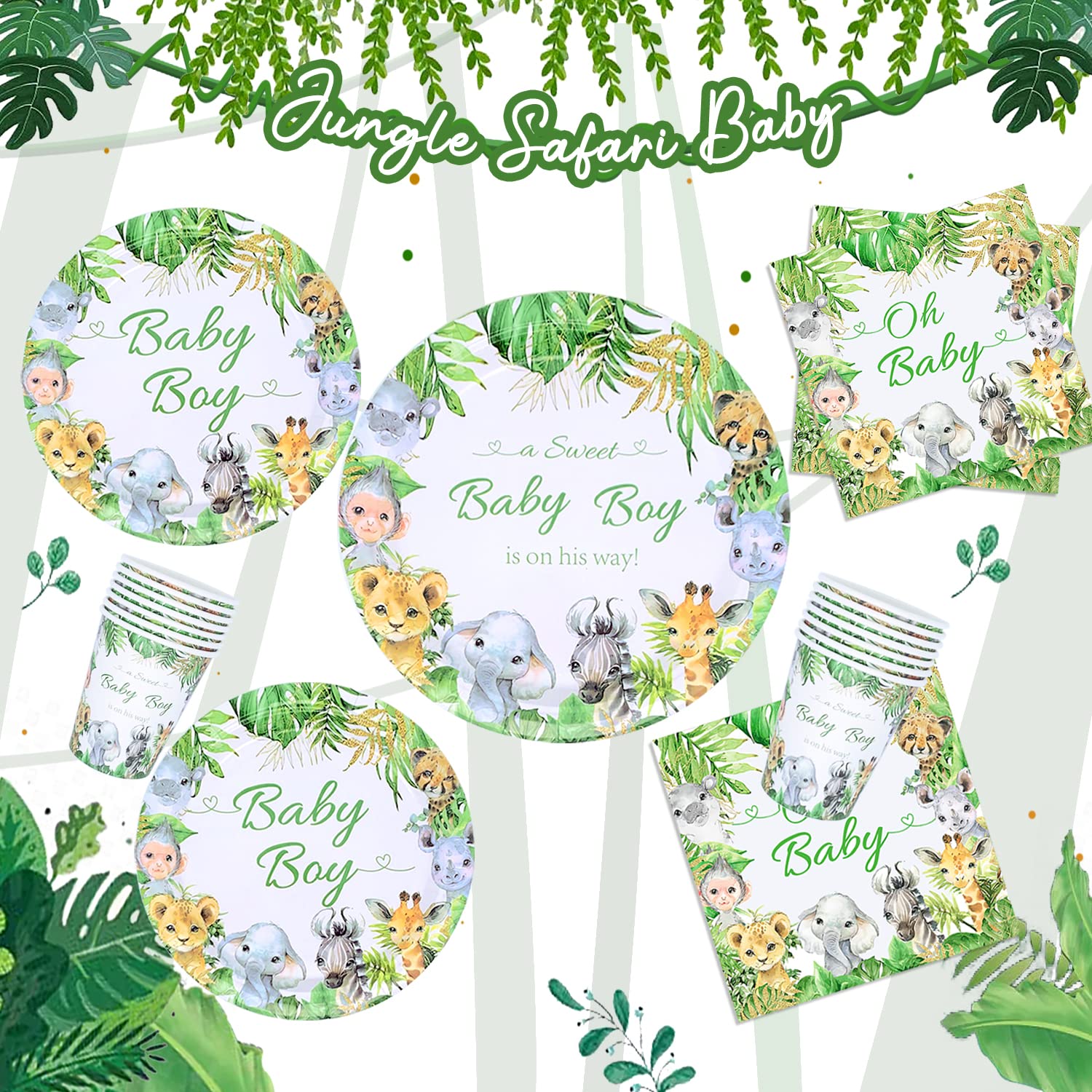 Jungle Safari Baby Shower Decorations Tableware Set Serves 24, Green Animals Paper Plates, Napkins, Paper Cups for Baby Boy Wild One Birthday Baby Shower Party Supplies