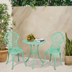 Verano Garden 3 Piece Outdoor Bistro Set, Rust-Resistant Cast Aluminum Patio Bistro Set Antique Finish, Weather Resistant Patio Table and Chairs, Outdoor/Indoor Use, Teal