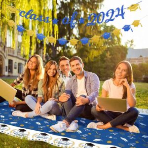 Navy-Blue White-Gold Party-Decorations Graduation Banner - 8pcs Kits Class of 2024 Cap Garland Streamers, Paper Tissue Pom Poms Flowers, Congratulations Grad Decor Lasting Surprise