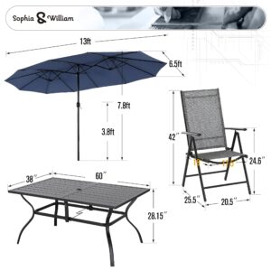 Sophia & William 7 Pieces Foldable Patio Dining Set with 13ft Navy Blue Umbrella, Folding Outdoor Dining Set for 6, Rectangular Metal Patio Table and Sling Chairs Set, Grey